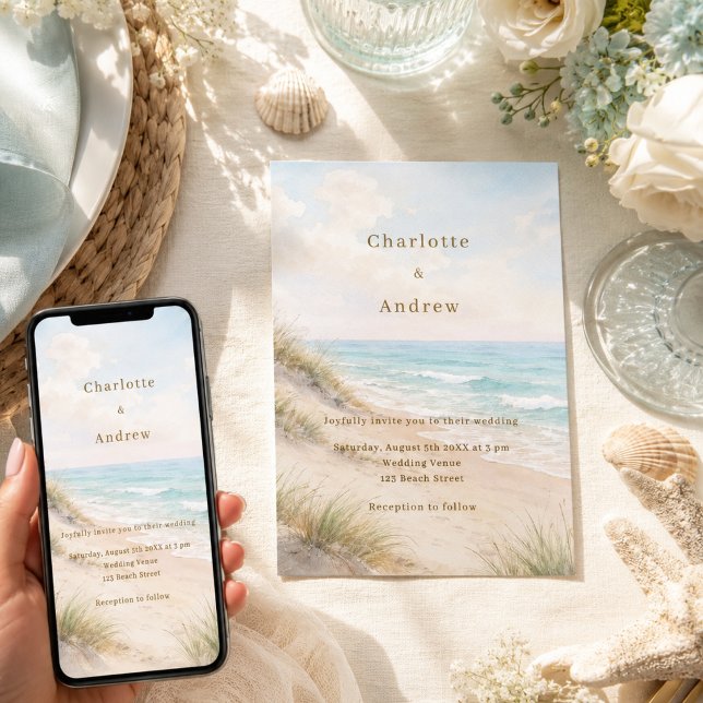 Convite Casamento moderno na praia com aquarela (Criador carregado)