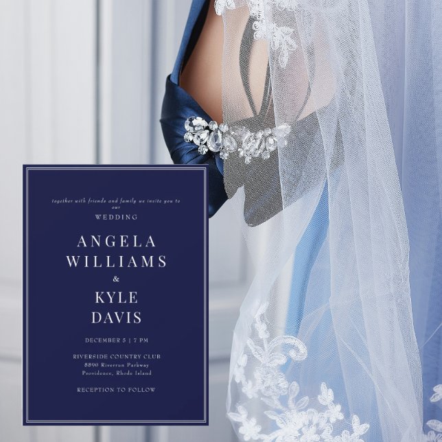 Convite Casamento Moderno Navy & Texto Branco Sem Pais (Criador carregado)