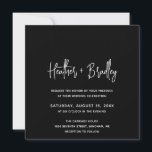 Convite Casamento Moderno Negro Minimalista<br><div class="desc">Convite de casamento quadrado moderno com um simples design com seus nomes em uma tipografia de script elegante e seus detalhes de evento em uma fonte minimalista sans serif. Todos os elementos de design estão em branco sobre um fundo preto. Este convite de casamento chic funciona bem com qualquer estilo...</div>