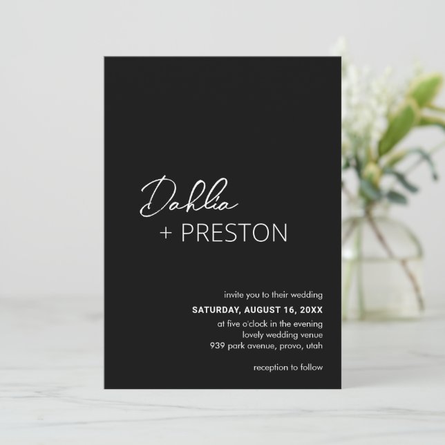 Convite Casamento Moderno Negro Mínimo (Em pé/Frente)