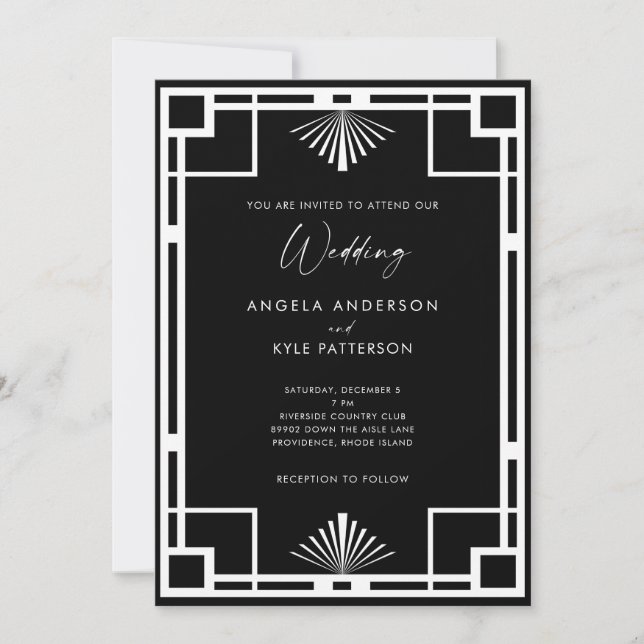 Convite Casamento Moderno Preto e Branco Art Deco (Frente)