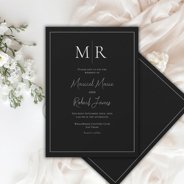 Convite Casamento Moderno Preto e Branco com Monograma Ele (Criador carregado)