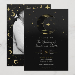 Convite Casamento Moderno Preto e Dourado Celestial Lua Es