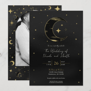 Convite Casamento Moderno Preto e Dourado Celestial Lua Es