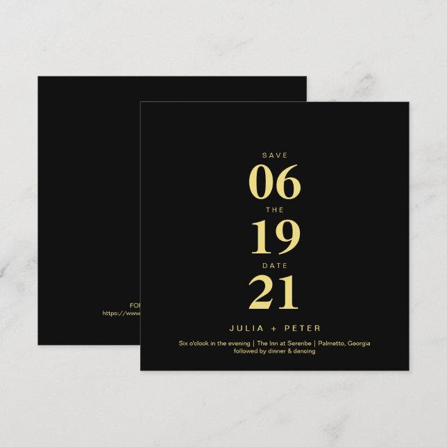Convite Casamento Moderno Preto e Dourado Quadrado Save Th (Frente/Verso)