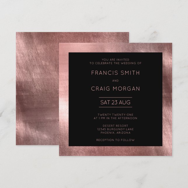 Convite Casamento Moderno Preto e Dourado Rosa Falso em Fo (Frente/Verso)