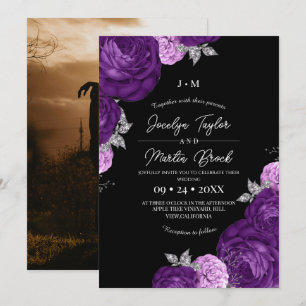 Convite Casamento Moderno Preto e Roxo com Flora Caprichos