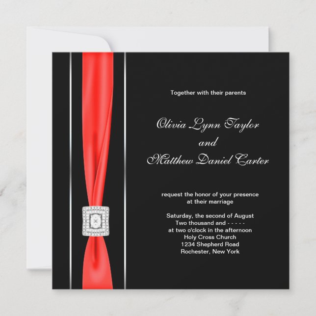 Convite Casamento Moderno Preto e Vermelho (Frente)