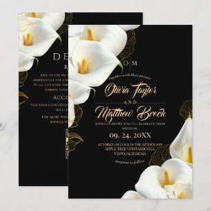 Convite Casamento Moderno Preto Elegante Floral Tudo em Um