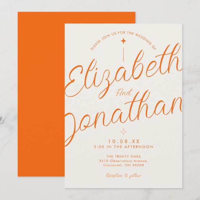 Convite Casamento Moderno Retro Laranja Bold Script (Frente/Verso)