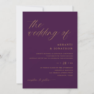 Convite Casamento Moderno Romântico Ameixa Roxo e Dourado