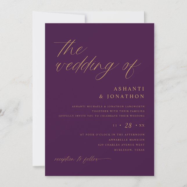 Convite Casamento Moderno Romântico Ameixa Roxo e Dourado (Frente)