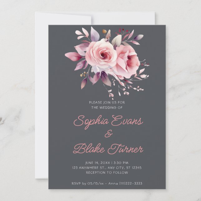 Convite Casamento Moderno Romântico com Rosas Pink e Grafi (Frente)