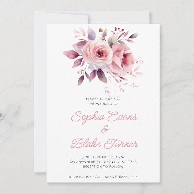 Convite Casamento Moderno Romântico com Rosas Rosa e Branc (Frente)
