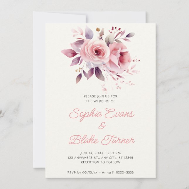Convite Casamento Moderno Romântico com Rosas Rosa e Creme (Frente)