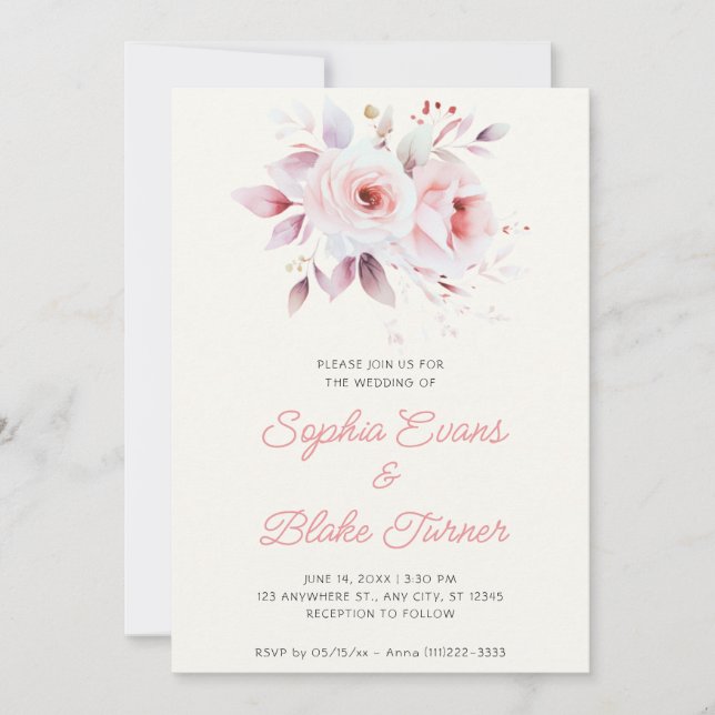 Convite Casamento Moderno Romântico com Rosas Rosa e Creme (Frente)