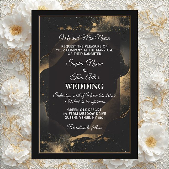 Convite Casamento Moderno Romântico Mínimo com Brilho Dour (Romantic Minimal Black Gold Glitter Modern Wedding Invitation)