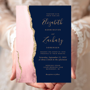 Convite Casamento Moderno Rosa Bege Dourado Ágata Azul Mar