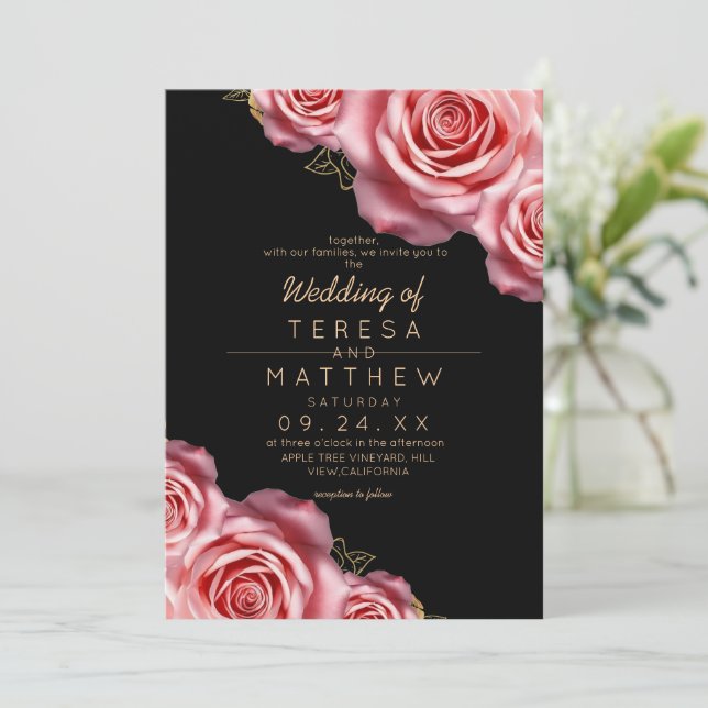 Convite Casamento Moderno Rosa e Preto Floral (Em pé/Frente)
