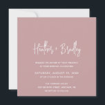 Convite Casamento Moderno Rosa Minimalista<br><div class="desc">Convite de casamento quadrado moderno com um simples design com seus nomes em uma tipografia de script elegante e seus detalhes de evento em uma fonte minimalista sans serif. Todos os elementos de design estão em branco sobre um fundo rosado rosa poeirento. Este convite de casamento chic funciona bem para...</div>