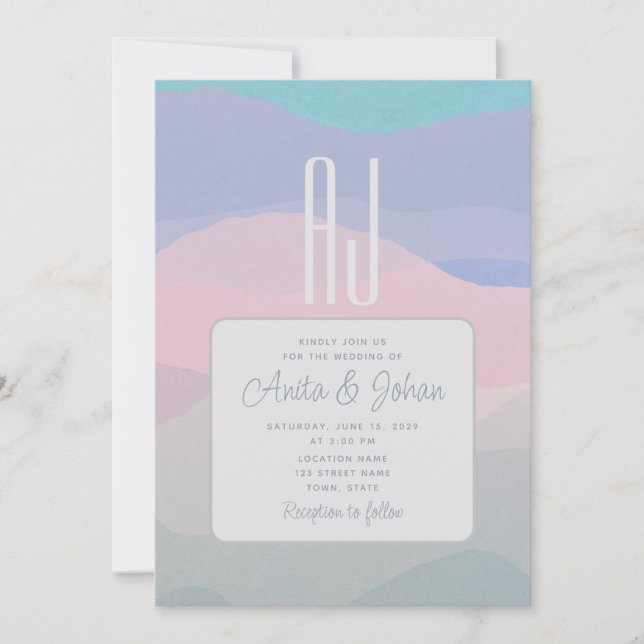 Convite Casamento Moderno Rosa Pastel e Azul Poeirento (Frente)