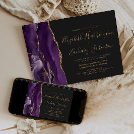 Convite Casamento Moderno Roxo Dourado Ágata Escuro
