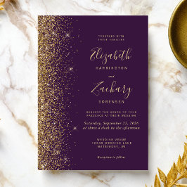 Convite Casamento Moderno Roxo Escuro Dourado com Brilho F