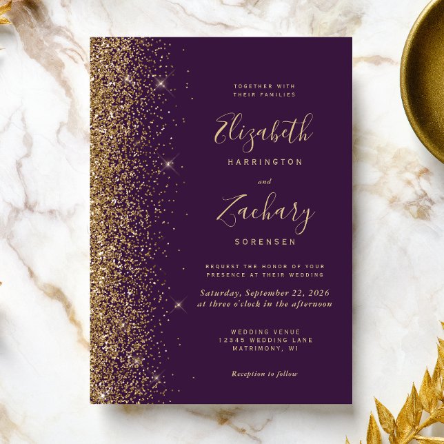 Convite Casamento Moderno Roxo Escuro Dourado com Brilho F (Criador carregado)