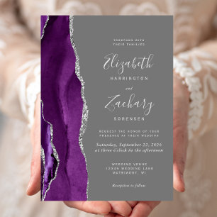 Convite Casamento Moderno Roxo Prata Ágata Cinza