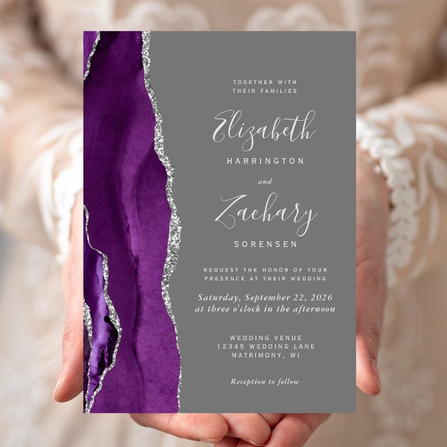 Convite Casamento Moderno Roxo Prata Ágata Cinza (Criador carregado)