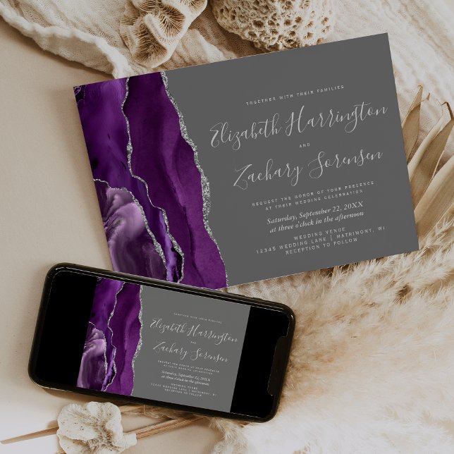 Convite Casamento Moderno Roxo Prata Ágata Cinza (Criador carregado)