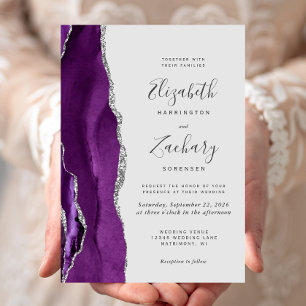 Convite Casamento Moderno Roxo Prata Ágata Cinza Claro