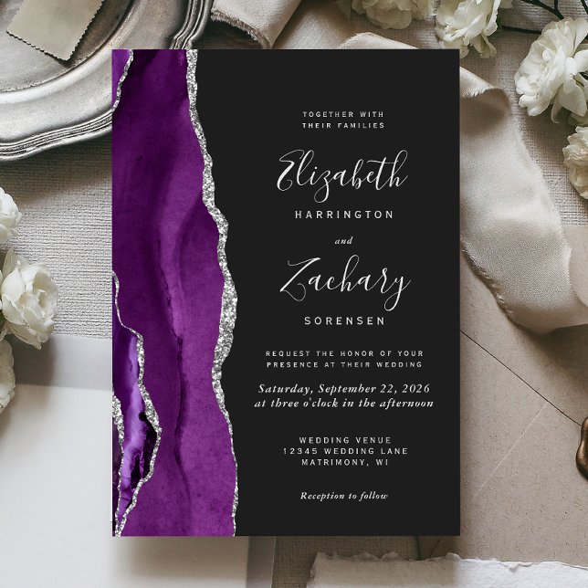Convite Casamento Moderno Roxo Prata Ágata Escuro (The perfect choice for a purple and silver themed wedding.)