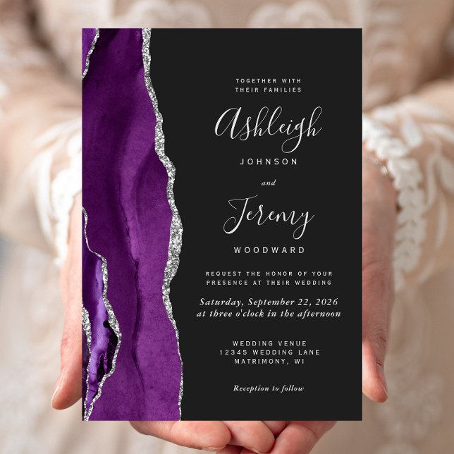 Convite Casamento Moderno Roxo Prata Ágata Escuro (Criador carregado)