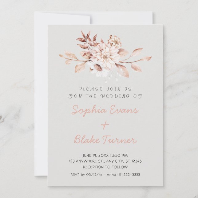 Convite Casamento Moderno Rústico com Floral Macio em Cinz (Frente)