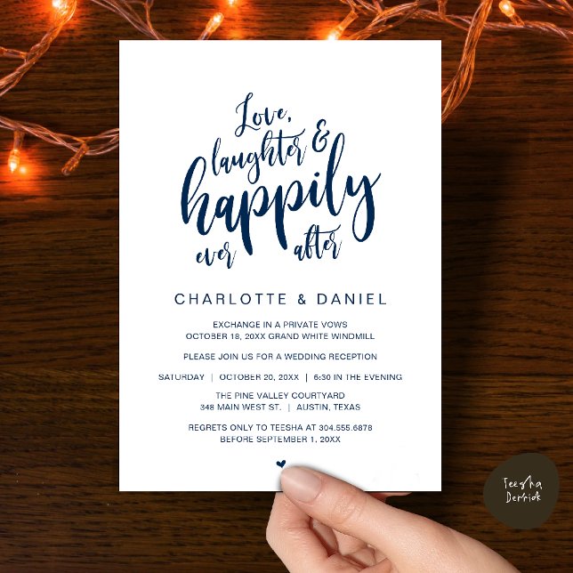 Convite Casamento Moderno Rústico Escrito Felizes Para Sem (Modern Rustic Script Love Laughter and Happily Ever After Wedding Invitation Card in Navy Blue)