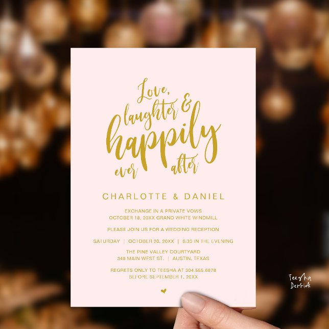 Convite Casamento Moderno Rústico Script Feliz Para Sempre (Modern Rustic Script Love Laughter and Happily Ever After Wedding Invitation Card in Gold Blush)