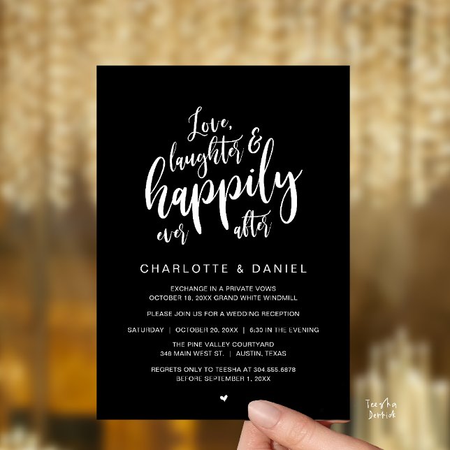 Convite Casamento Moderno Rústico Script Feliz Para Sempre (Modern Rustic Script Love Laughter and Happily Ever After Wedding Invitation Card in Classy Black)