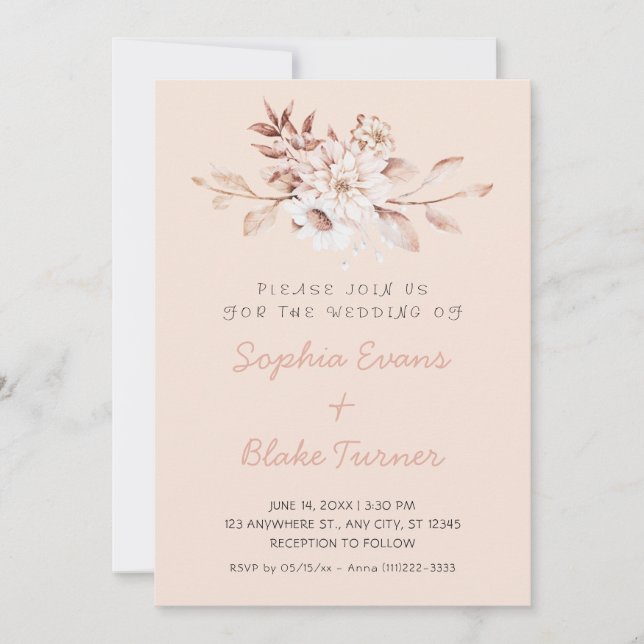 Convite Casamento Moderno Rústico Soft Floral Rosa Creme (Frente)