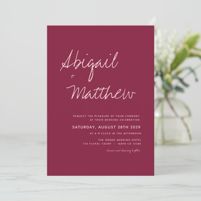 Convite Casamento Moderno Simples e Minimalista Burgundy  (Em pé/Frente)