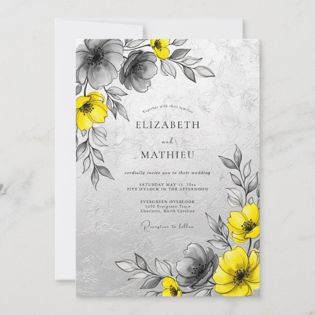 Convite Casamento Moderno Sofisticado com Carvão Amarelo (Frente)