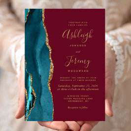 Convite Casamento Moderno Teal Ouro Ágata Burgundy