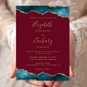 Convite Casamento Moderno Teal Ouro Ágata Burgundy