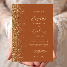 Convite Casamento Moderno Terracota com Relevo Dourado Fal