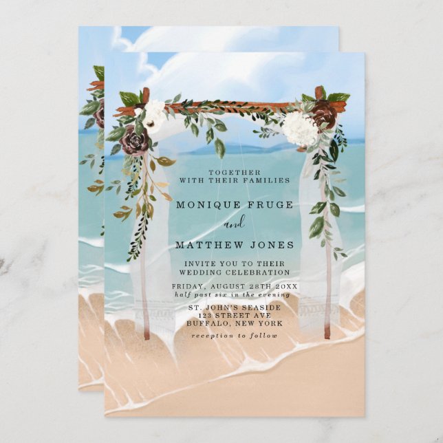Convite Casamento Moderno Tropical de Beach Floral (Frente/Verso)