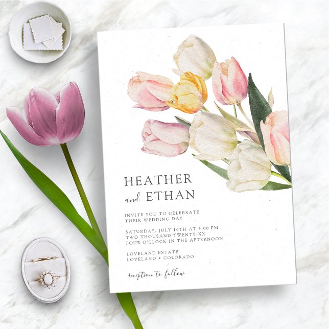 Convite Casamento Moderno Tulipa (Elegant Watercolor Tulip Modern Wedding Invitation by Painted Paperie
)
