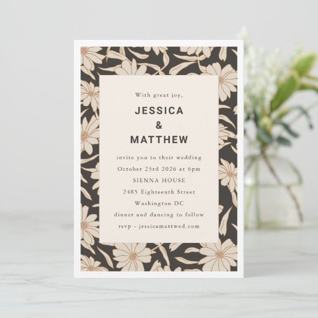 Convite Casamento Moderno Única Floral Preto e Marfim Boho (Em pé/Frente)