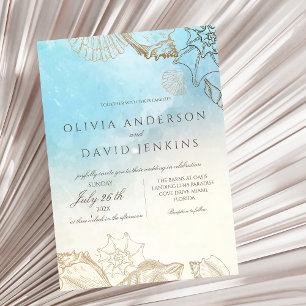 Convite Casamento Moderno Verão Blue Ocean Beach Weding
