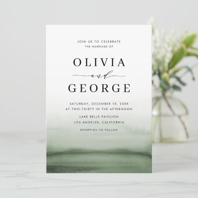 Convite Casamento Moderno Verde de Watercolor (Em pé/Frente)