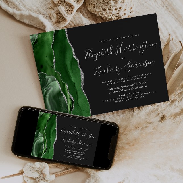 Convite Casamento Moderno Verde Prata Ágata Escura (Criador carregado)